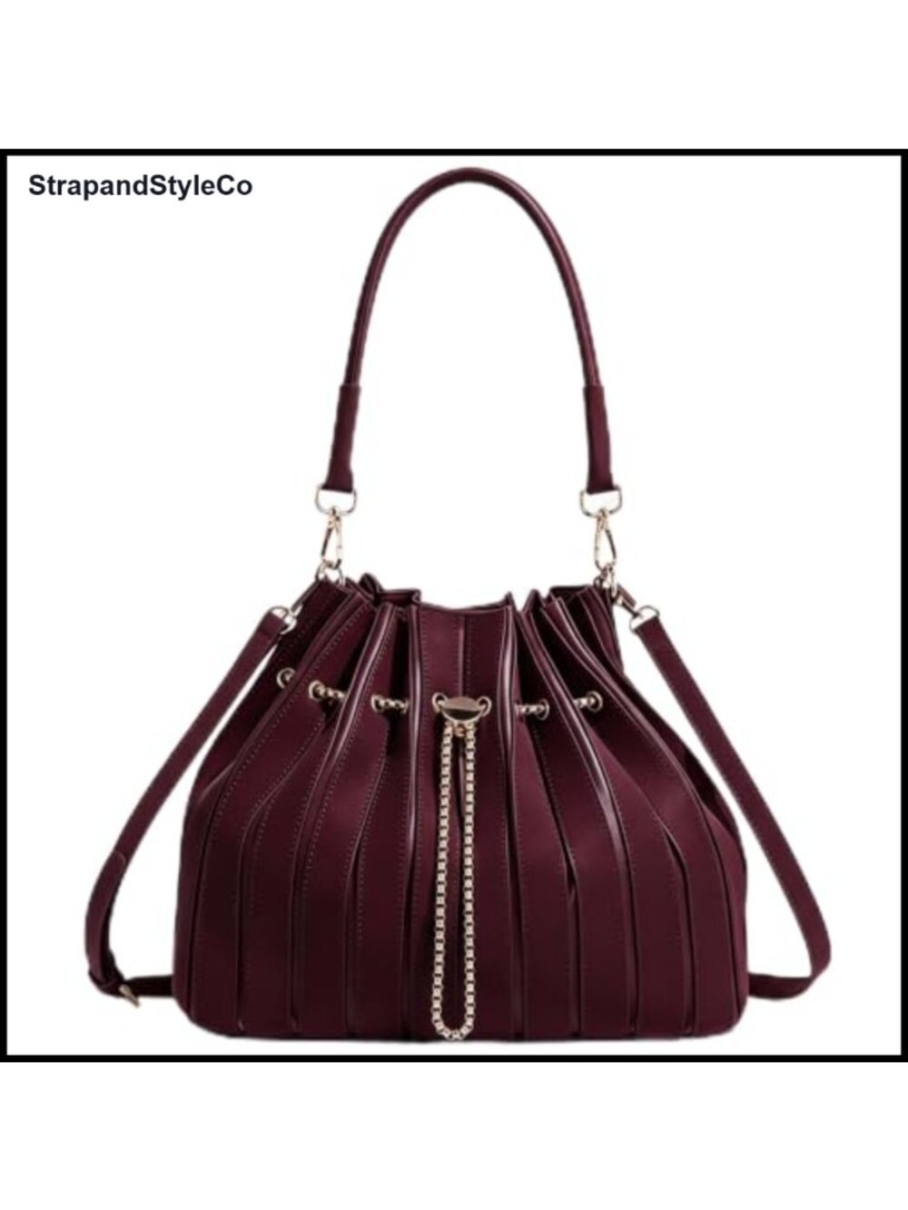 Pleated Bucket Bag Vegan PU Leather Crossbody Shoulder Purse